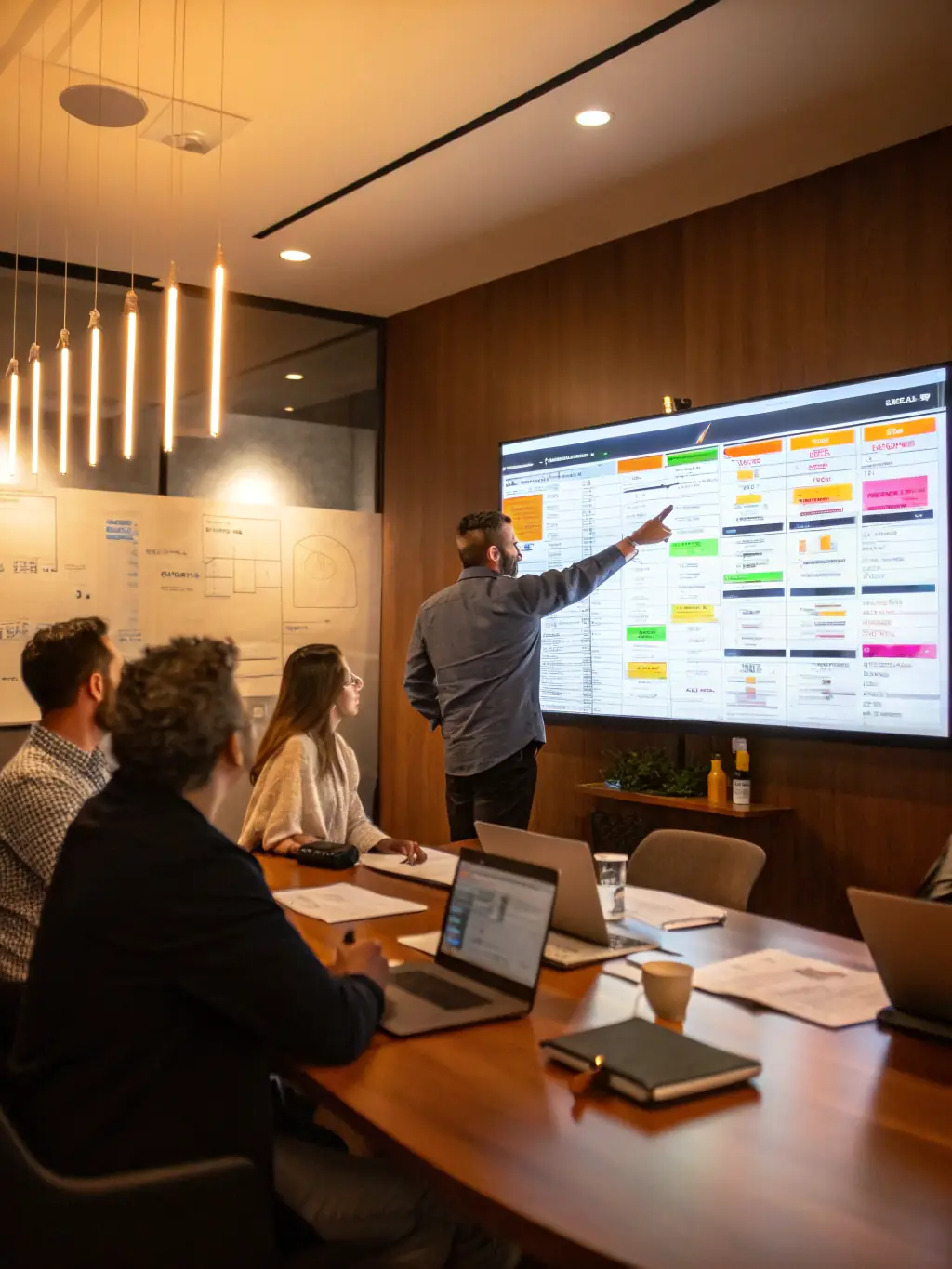 A project manager leading a team meeting with project timelines displayed on a screen.