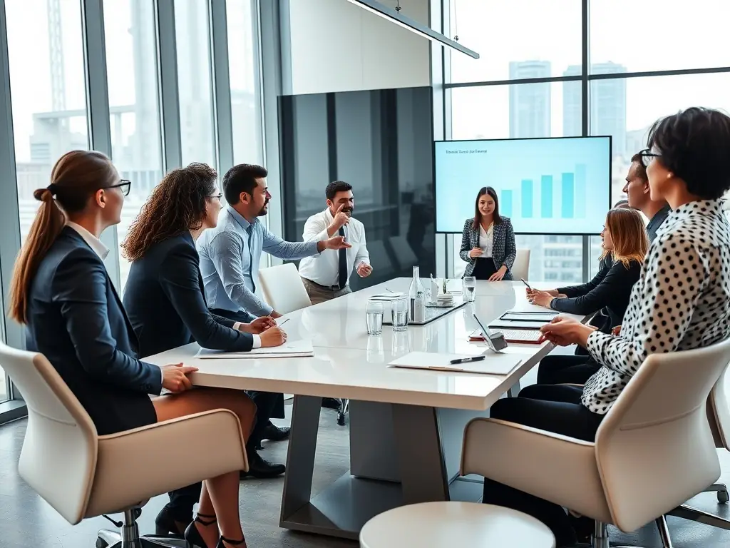 A diverse team of consultants discussing strategies in a modern office.