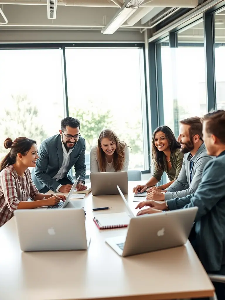 A diverse team collaborating in a modern office setting.