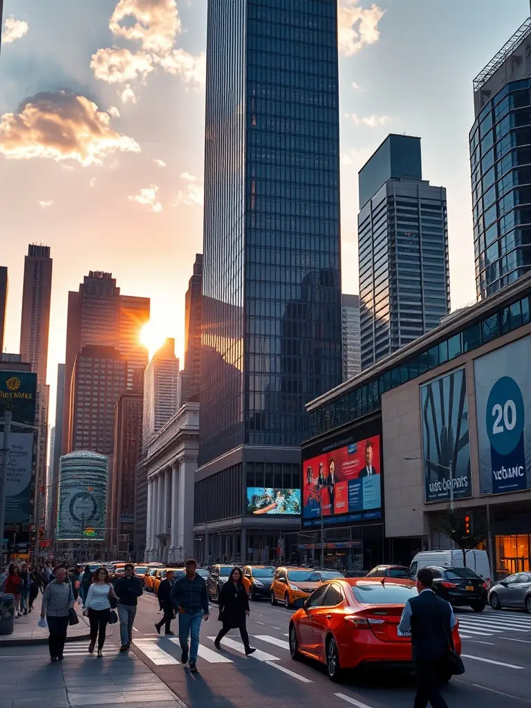 A bustling cityscape with skyscrapers representing the financial services industry.