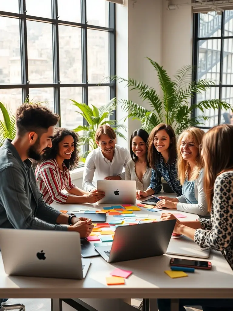 A business development team brainstorming innovative strategies in a creative workspace.